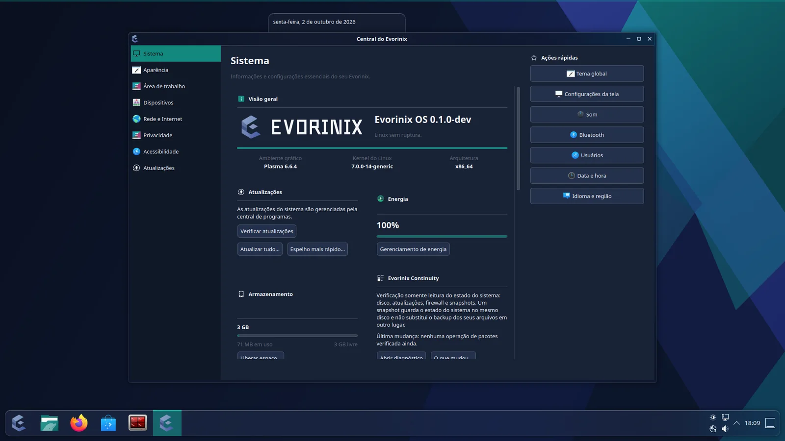 A área de trabalho do Evorinix OS com a Central aberta, no tema escuro.