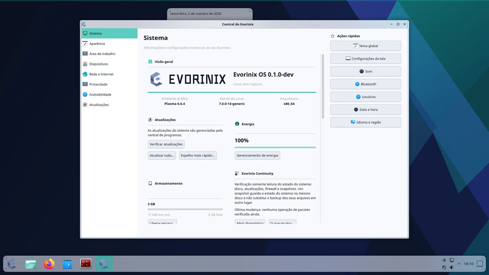 A área de trabalho do Evorinix OS com a Central aberta, no tema claro.