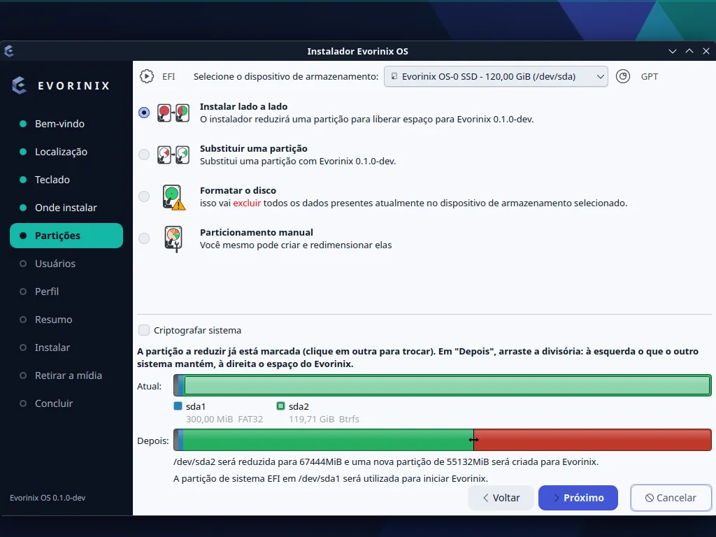 A página Partições do instalador com Instalar lado a lado marcado e a divisão entre o Windows e o Evorinix.